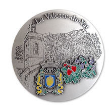 Médaille de la ville Composition colorée en relief en  creux avec paysage, blason  et plante, finition vieil argent
