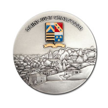 Médaille de la ville Composition montrant un paysage en relief modelé et un blason en couleurs, finition deux tons